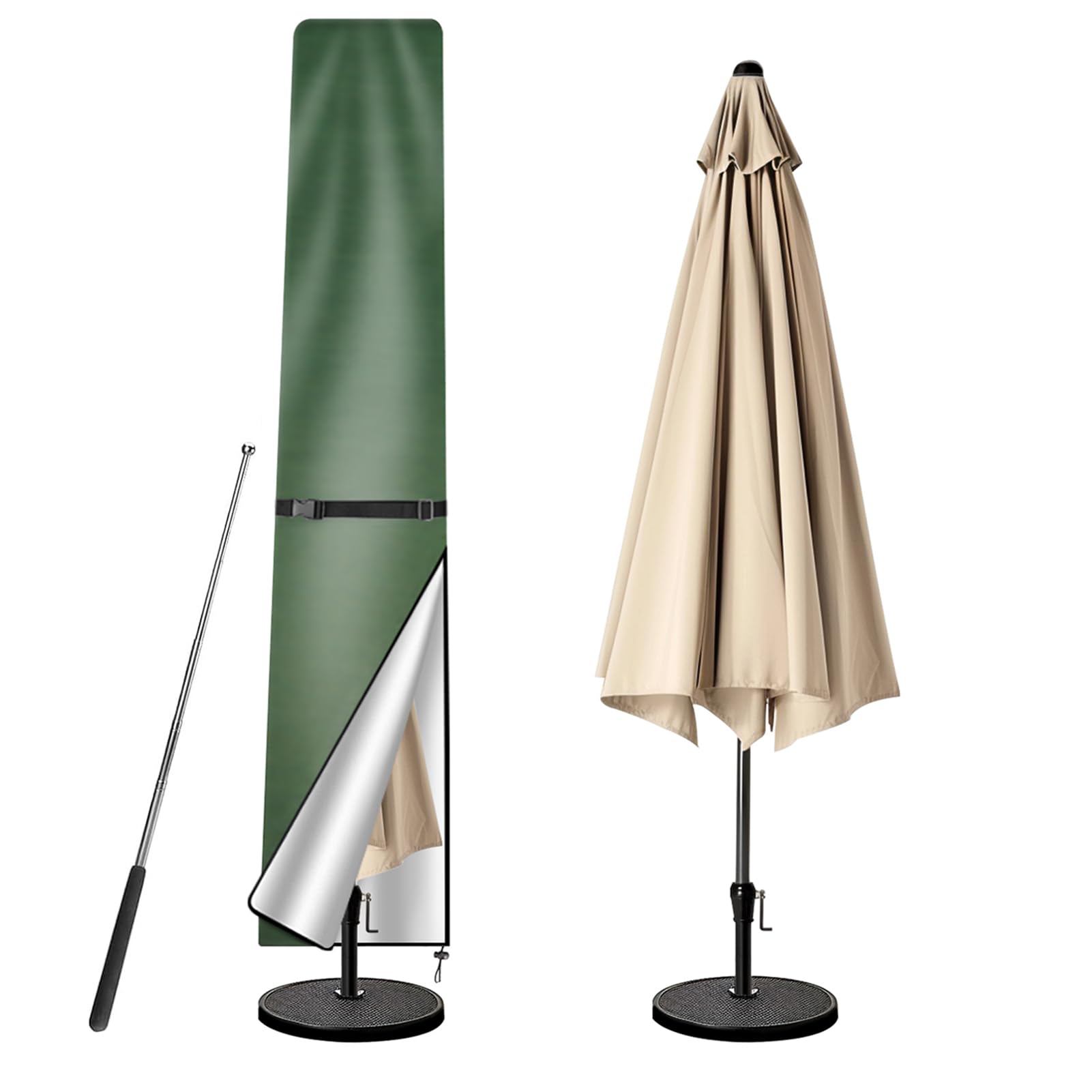 wiipara Parasol Cover with Rod, Parasol Protective Cover fit for Waterproof UV-Block Windproof Large Umbrella Cover with Zip and Storage Bag for Garden Outdoor (Green, 190x30(top) x50(bottom) cm)