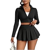 WDIRARA Women's 2 Piece Outfits Zip Up Long Sleeve Crop Top and A Line Mini Pleated Skirt Sets