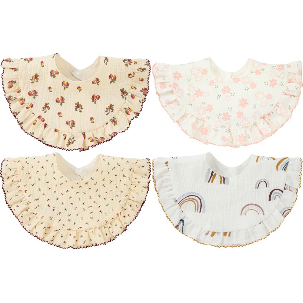 SZJIAHTM 4 Pack Of baby Toddler Soft Cotton Vintage Flower Print Feeding Drooling Breathable Bibs Adjustable Snap Teething Bibs For boys Girls 0-18 Months