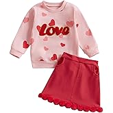 Kayotuas Toddler Girl Valentines Outfit Love Heart Sweatshirt Long Sleeve Shirt and Red Skirts Set Cute Winter Spring Clothes
