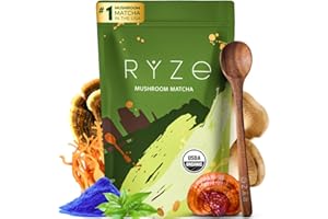 RYZE SUPERFOODS Mushroom Matcha, USDA Organic with 6 Adaptogenic Mushrooms and Ceremonial-Grade Matcha for Energy, Focus, Digestion, Immunity with Turkey Tail, Shiitake, Lion's Mane, 30 servings