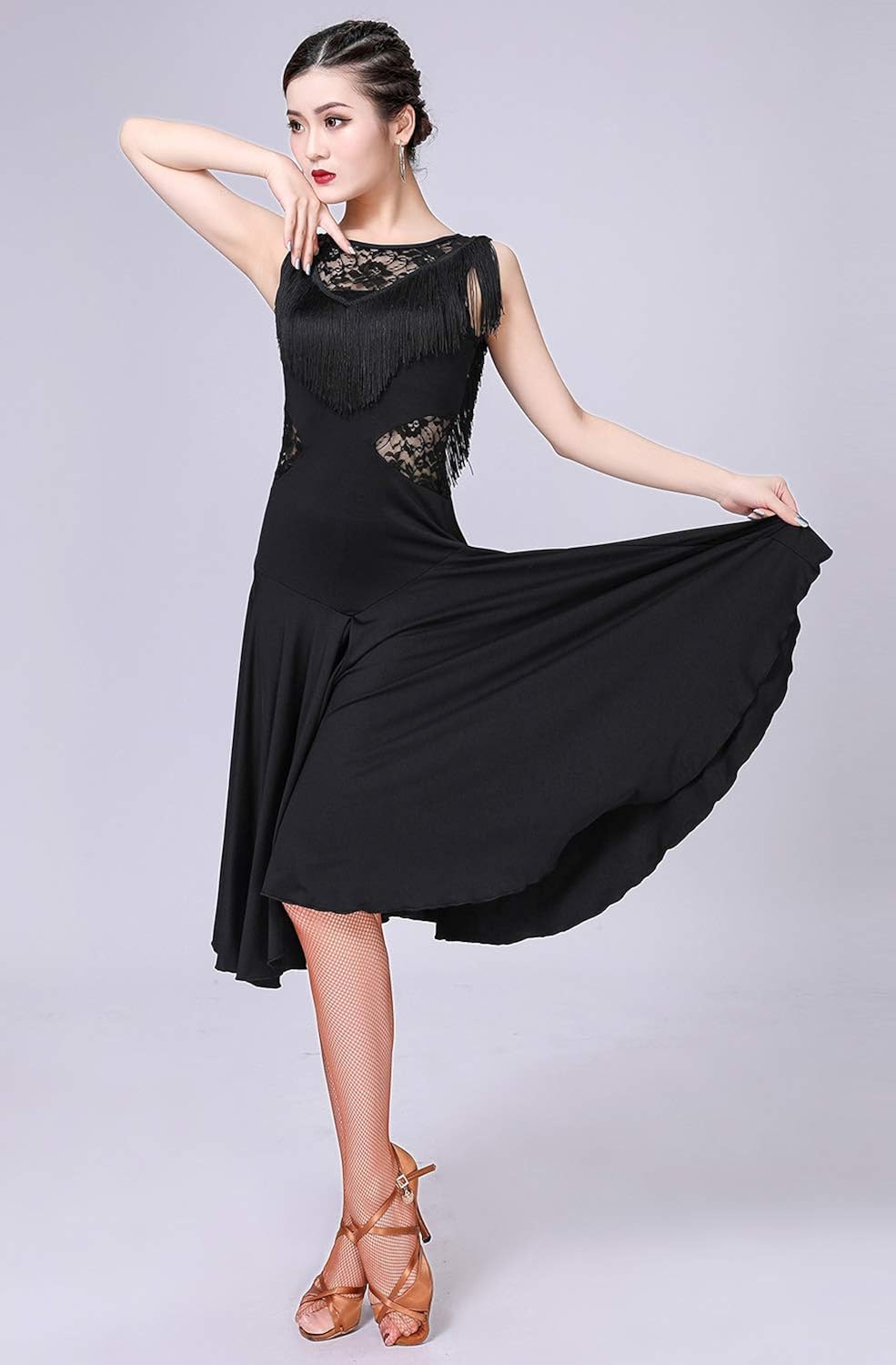 ZX Ballroom Dance Dresses for Women Fringed Lace Back Salsa Latin Dance Dress with Shorts (5 Colors): Clothing