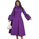 AOMEI Women's Bowtie Neck Lantern Sleeve High Waist A-Line Long Dress