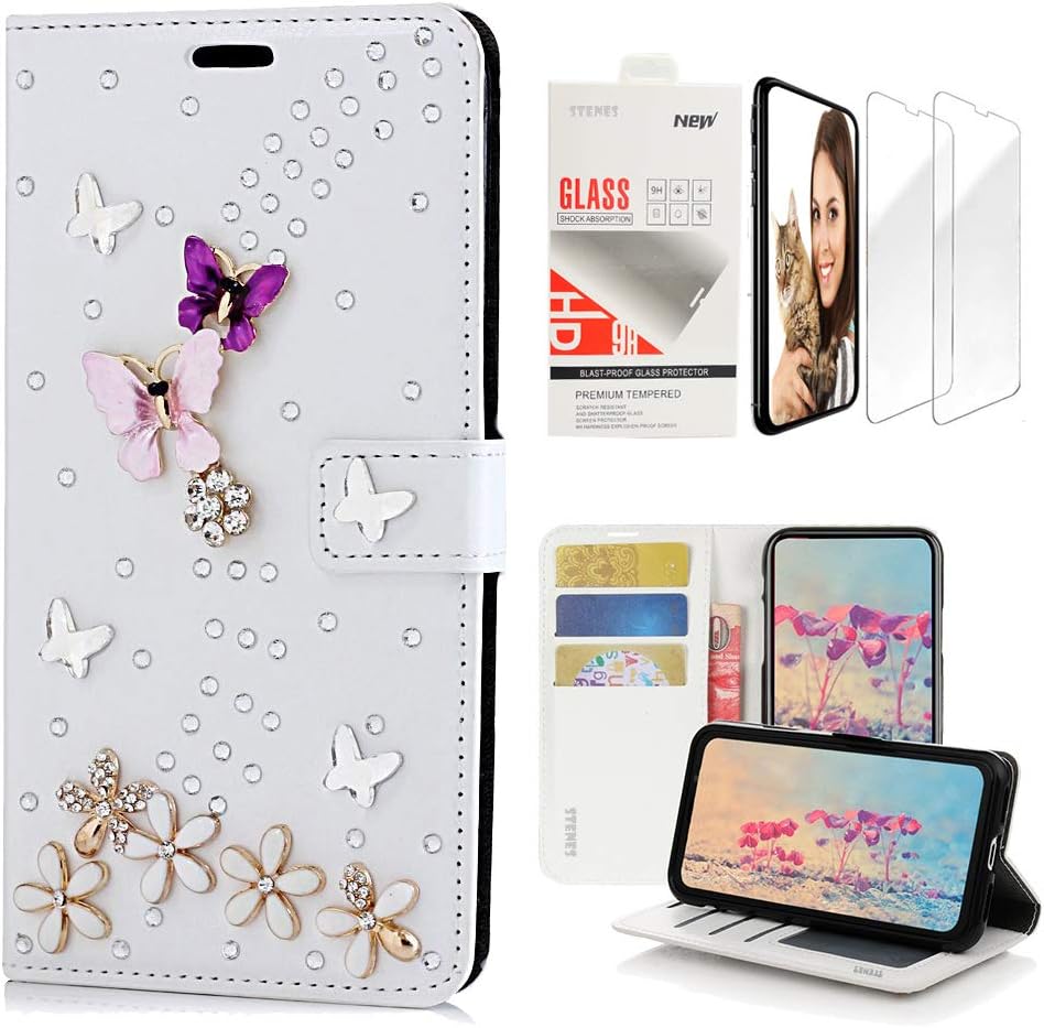 STENES Bling Wallet Case Compatible with iPhone 7 Plus/iPhone 8 Plus, 3D Handmade S-Link Butterfly Floral Design Leather Case with Wrist Strap & Screen Protector [2 Pack] - White
