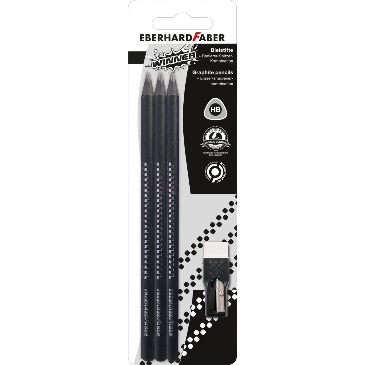 Eberhard Faber Winner 510197 Pencil Set of 6 Pens Sharpener with Eraser Hardness HB for Writing, Drawing, Illustrating and Sketching