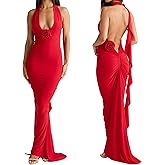 Women Sexy Backless Dress Halter Deep V Neck Detachable Flower Sleeveless Open Back Maxi Dress Cocktail Prom Formal Dresses