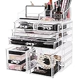 SONGMICS Large Makeup Organizer 3 Pieces Set Cosmetic Storage Jewelry Display Case with 8 Compartments 6 Drawers for Brushes Lipsticks Clear UJMU09T
