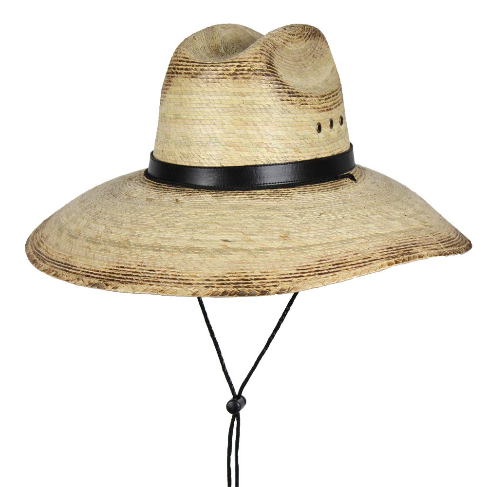 Mexican Palm Leaf Straw Lifeguard Sun Hat w/Chin Strap & Vented Crown