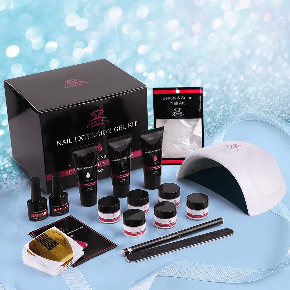 Makartt Nail Extension Gel Kit 30ml, Gel Builder Clear White Pink with 24W LED Nail Lamp and Glitter Powders Gorgeous French Manicure Kit P-09 : Beauty