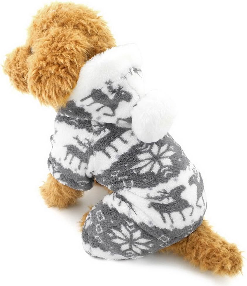 Ranphy Small Dog Cat Clothes Soft Velvet Reindeer Pattern Dog Pajamas Puppy Hoodie Hooded Jumpsuit Grey M - Image 4