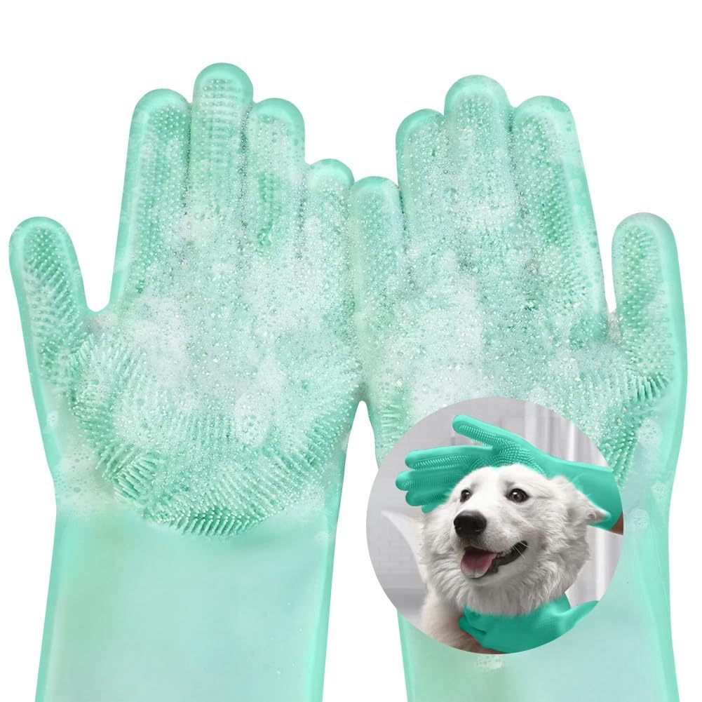 AMFUN Dog Washing and Bathing Gloves, Silicone Cleaning Multifunction Anti-Slip Massaging Gloves for Dogs and Cats, Green