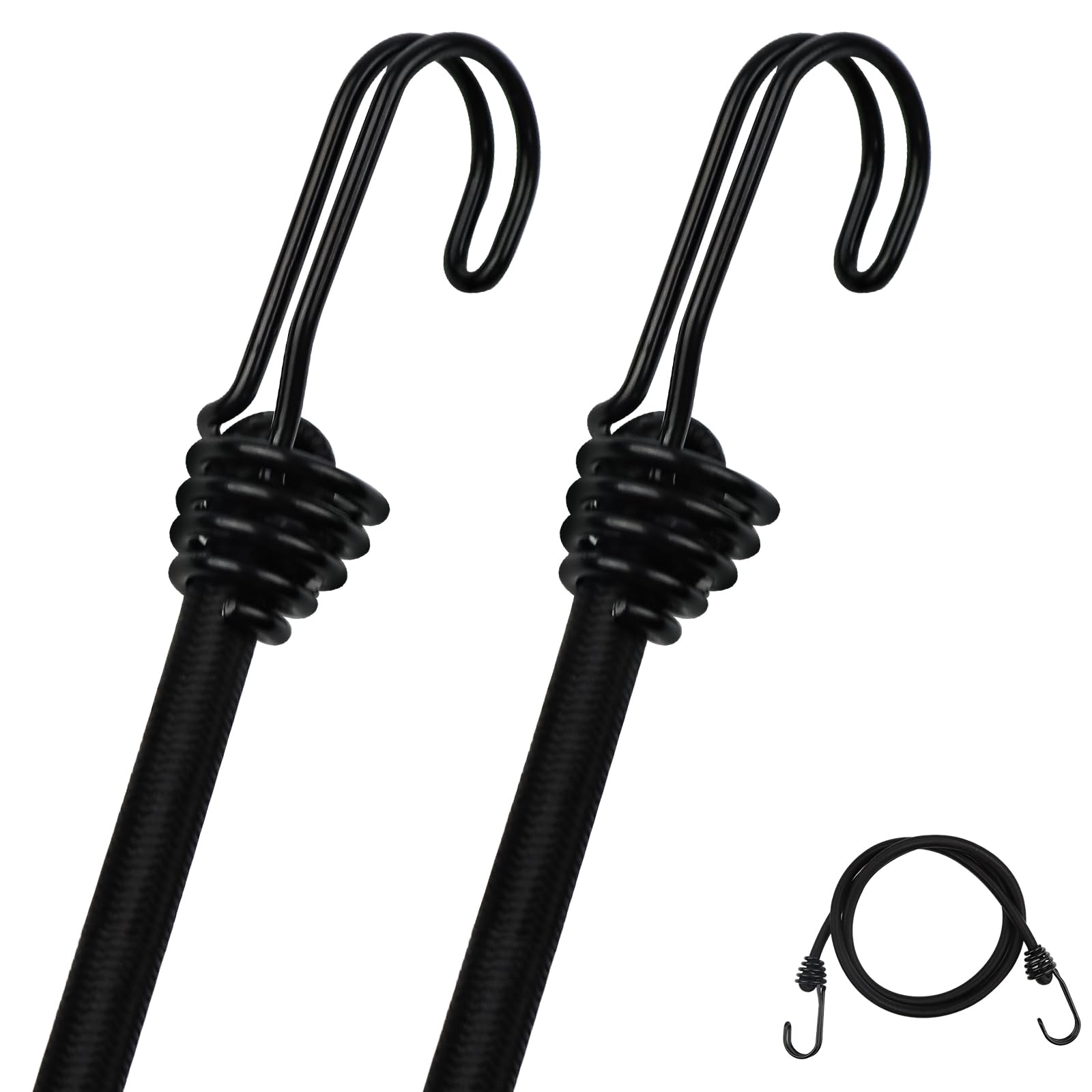 DRERIO 2 Pcs Bungee Cord with Hook 1m Heavy Duty Bungee Straps, Luggage Tie Downs Black Elastic Rope with Metal Hooks, Long Sizes Bundy Cord for Motorcycle Car Caravan Trunks Locking Load Securing