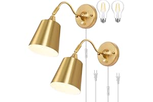 TRLIFE Wall Sconce Plug in, Dimmable Wall Sconces Adjustable Gold Wall Lights with Plug in Cord and Dimmer On/Off Knob Switch, Wall Mounted Light for Bedside Bedroom Stairway(2 Pack, 2 Bulbs Included)