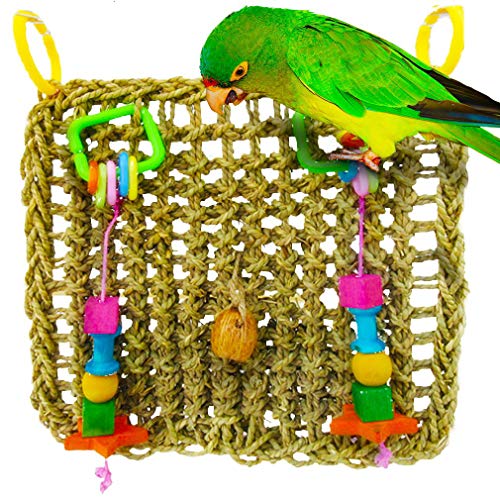 Bird Foraging Wall Toy with Hanging Hook – Seagrass Woven Mat Safe to Chew – for Beak Exercise and IQ Simulation of Small & Medium Bird – Tuck Treats in Waffle Ball or pod Cups – Long Lasting