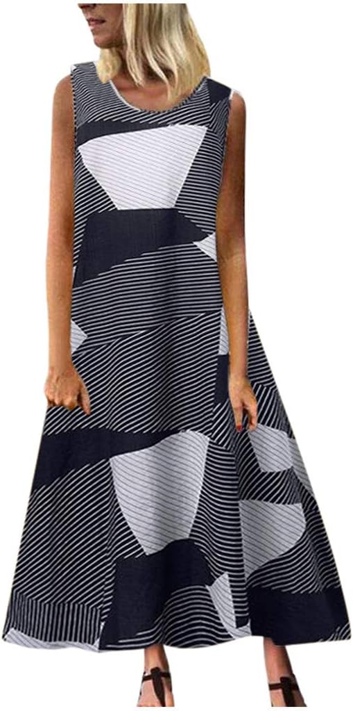 JFLYOU Dress,Women's Summer Fashion Casual Loose Geometric Print Round Neck Sleeveless Dress(Black,S)