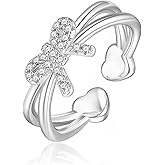 LUXEJEW Bow Rings for Women Non Tarnish 14K Gold/Silver/Rose Gold Plated Heart Stackable Rings Cubic Zirconia Cute Dainty Heart Bow Ring Jewelry Gift Adjustable Finger Ring Size 5-10