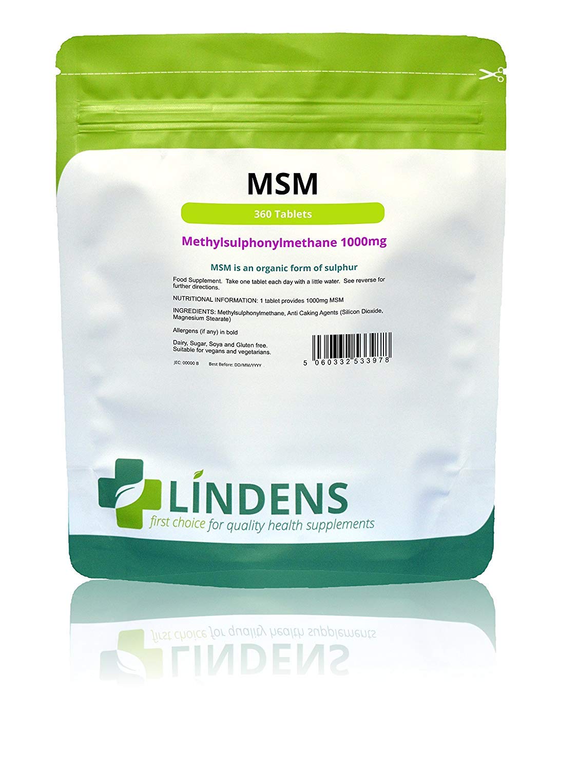Lindens MSM 1000mg - 360 Vegan Tablets (4 x 90 Pack) 1-A-Day - UK Made - Rich in Sulphur, Joint Support, Tissue, Enzyme, Compound Support | Natural Sulfur | (Methylsulfonylmethane) | 12+ Months Supply