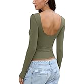 Womens Backless Double Lined Top Long Sleeve Y2K Going Out Top Sexy Open Back Boat Neck Shirt Slim Fit Spring Fall Tee