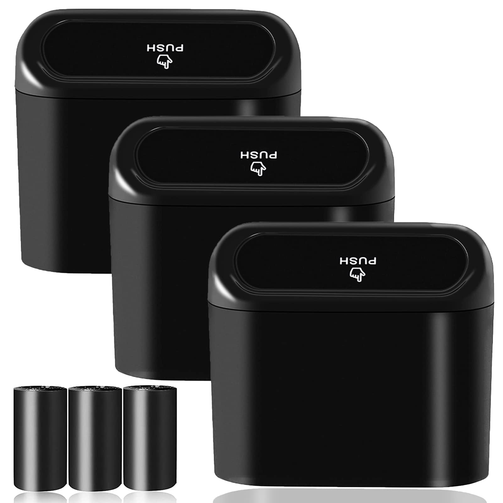 Photo 1 of Car Trash Can Bin with Lid - 3 Packs Universal Vehicle Mini Leakproof Garbage Can Bin with 60pcs Trash Bags Can Organizer Storage for Front Back Seat Accessories for Auto Office Bedroom Home(Black)