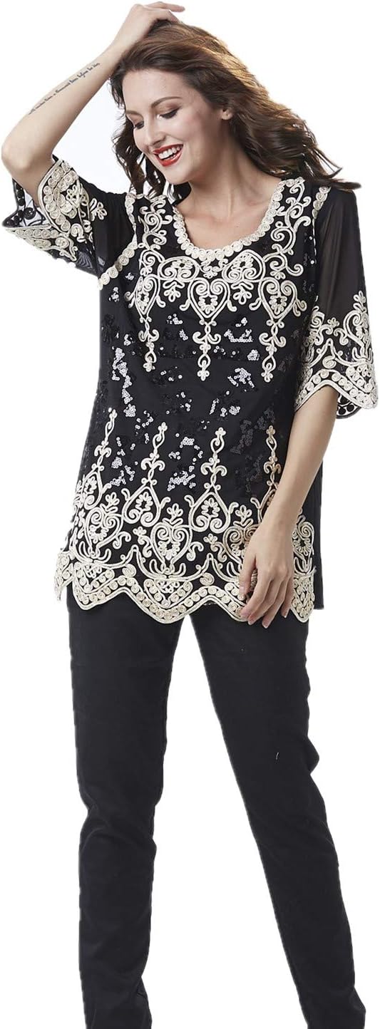 SIMPLY COUTUREWomen's Summer Elbow Sleeve Scoop Neck Sheer Crochet Accent Soutache Sequin Tunic