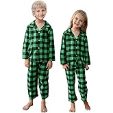 Schbbbta Kids Plaid Pajamas Set, Girls Boys 2 Pcs Pajamas Set Long Sleeve Sleepwear Button Down Pjs Black Green