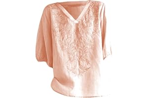 Womens Cotton Linen Tops 2025 Summer Half Sleeve Shirts Loose Crewneck Casual Boho Tops Vintage Embroidered Blouses
