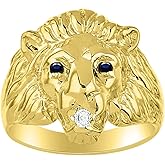Rylos Conversation Starter Diamonds & Sapphire Eyes & Mouth of this Lion Head Ring Set in 14K Yellow Gold Plated Silver Size 10