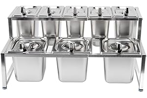 Condiment Dispenser Station, Stainless Steel Large Expandable Rack with 1.6l and 2.2l Pans 2 Tier Removable Countertop Inclin