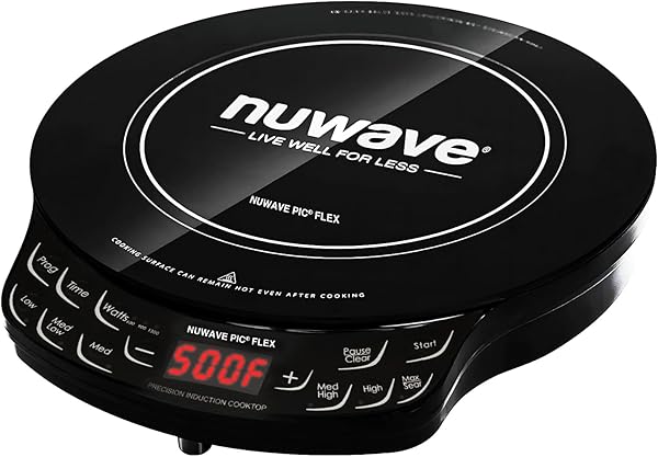 NUWAVE FLEX PRECISION INDUCTION COOKTOP, 10.25” SHATTER-PROOF CERAMIC GLASS, 6.5” HEATING COIL, 45 TEMPS FROM 100°F TO 500°F, 3 WATTAGE SETTINGS 600, 900 & 1300 WATTS, BLACK