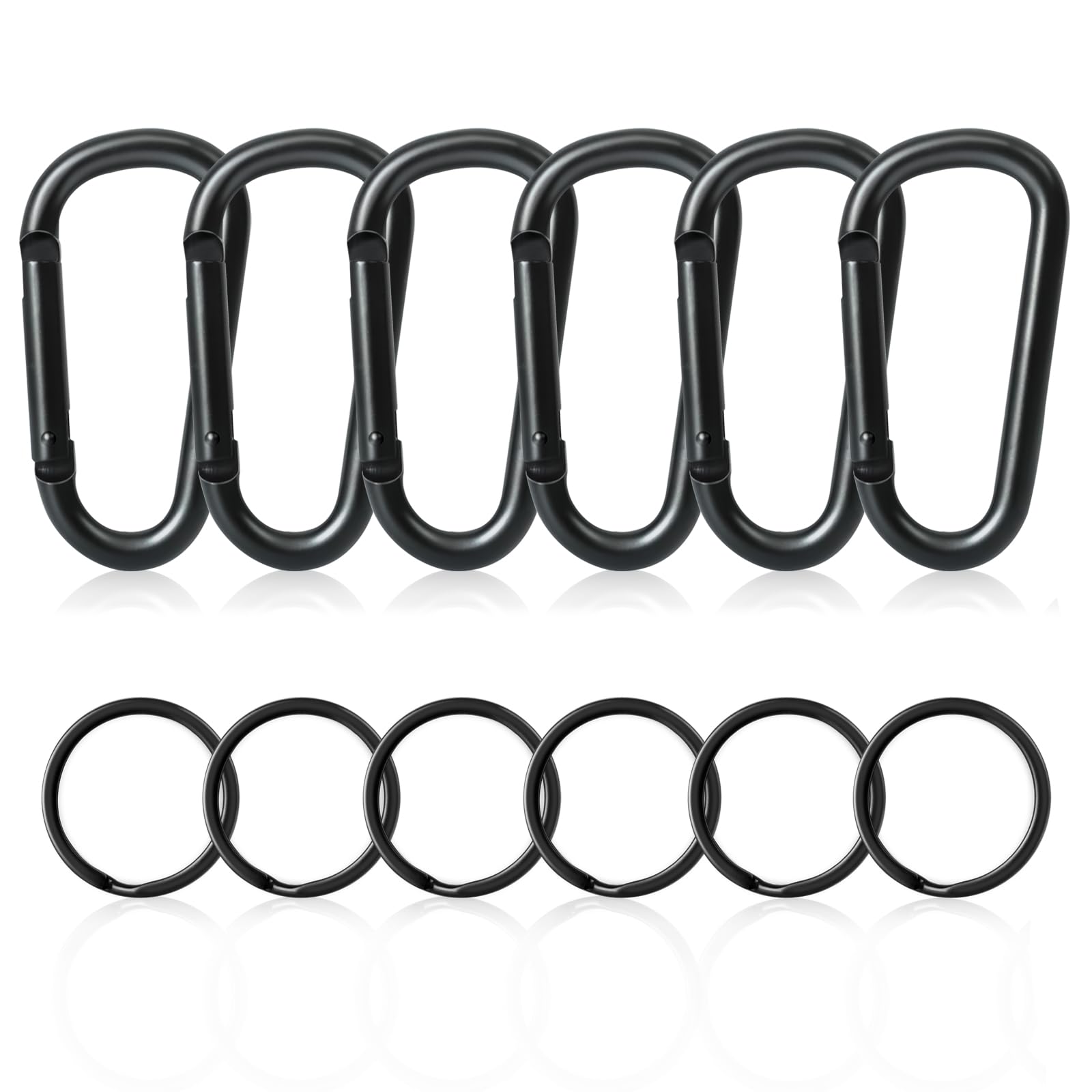 6Pcs Black Carabiner Clips with 6 Key Rings,Mini Aluminum D-Ring Spring Snap Hooks for Backpack, Keys, Dog Leash, Camping, Fishing and Outdoor Travel