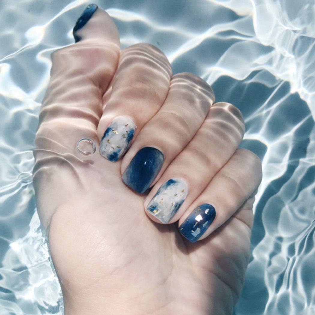 Asooll 24PCS Ocean Blue False Nails White Coffin Sequins Fake Nails Short Full Cover Party Acrylic Nails Art on Nails for Women and Girls