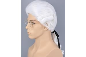 Bettecos Mens Judge Colonial Wig with Glasses Long White Powdered Wavy Wig Costume Cosplay Halloween Party Wigs (White)
