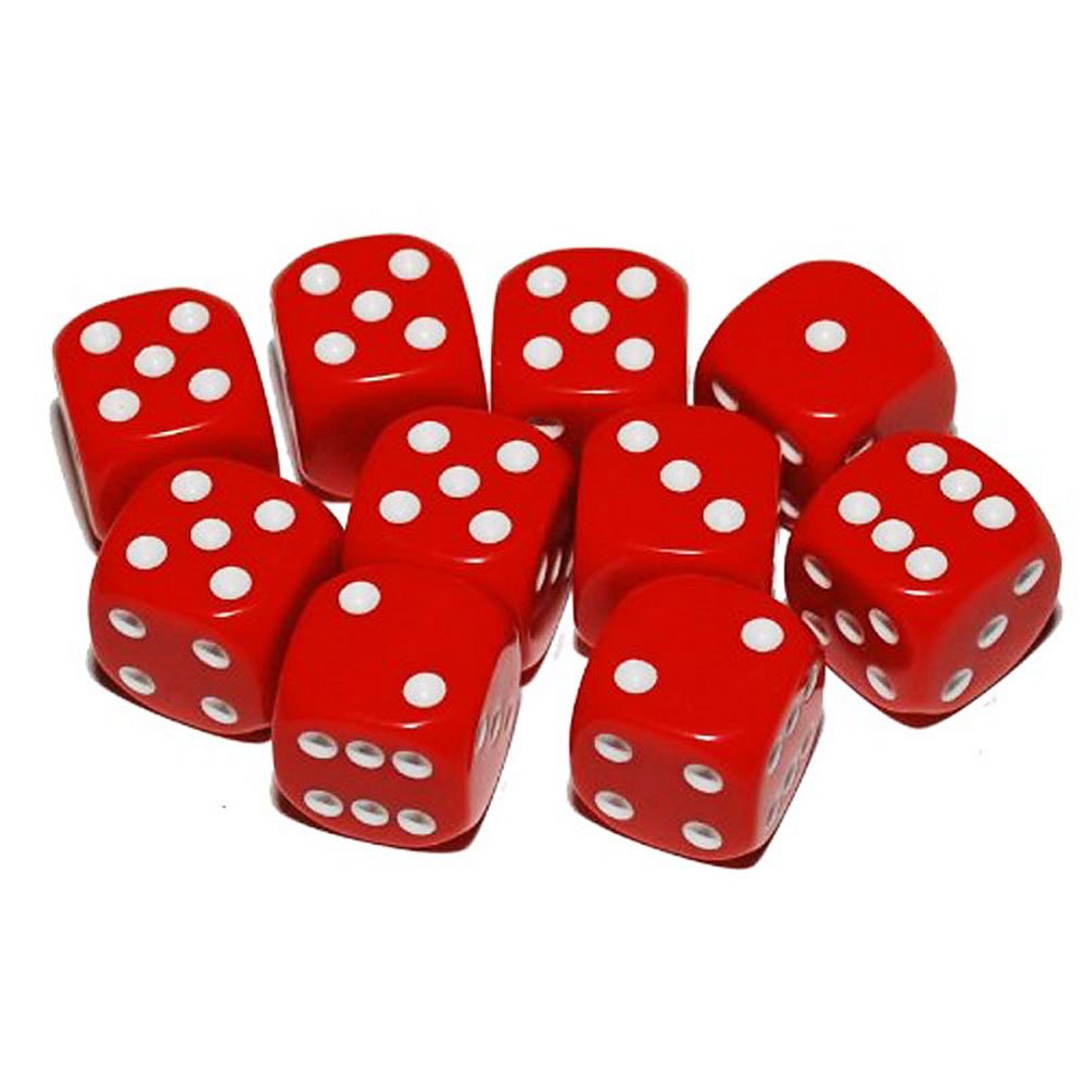 10 x 16mm Opaque Plastic Dice (Red)