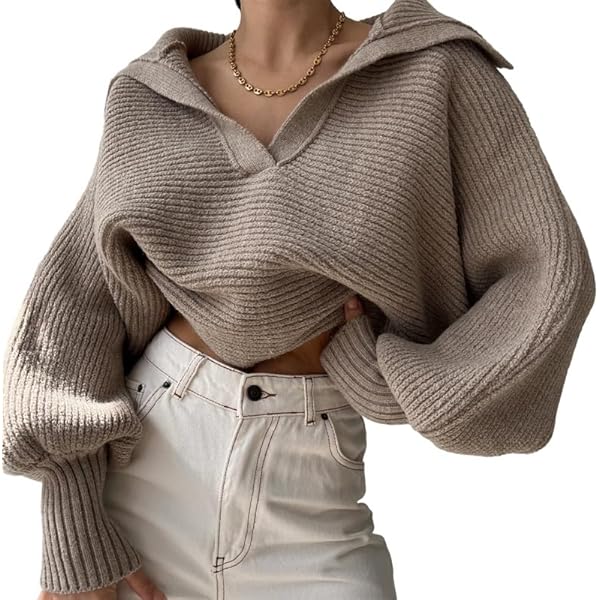 Women's Oversized Long Sleeve Crop Sweaters Y2K Solid V Neck