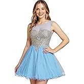 MisShow Tulle Homecoming Dresses for Teens Gold Lace Applique Short Prom Gown Sleeveless Cocktail Party Dresses