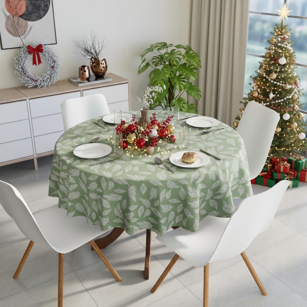 Encasa XO Printed Tablecloth 145 cm-Round for 4 Seater Dining Table of length upto Round, 100% Cotton, Machine Washable, Durable, Rectangular, for Home, Restaurant, Banquet - Big Leaves Green