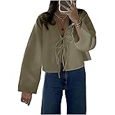 WDIRARA Women's Tie Front Blouse Long Sleeve V Neck Tops Solid Loose Shirts