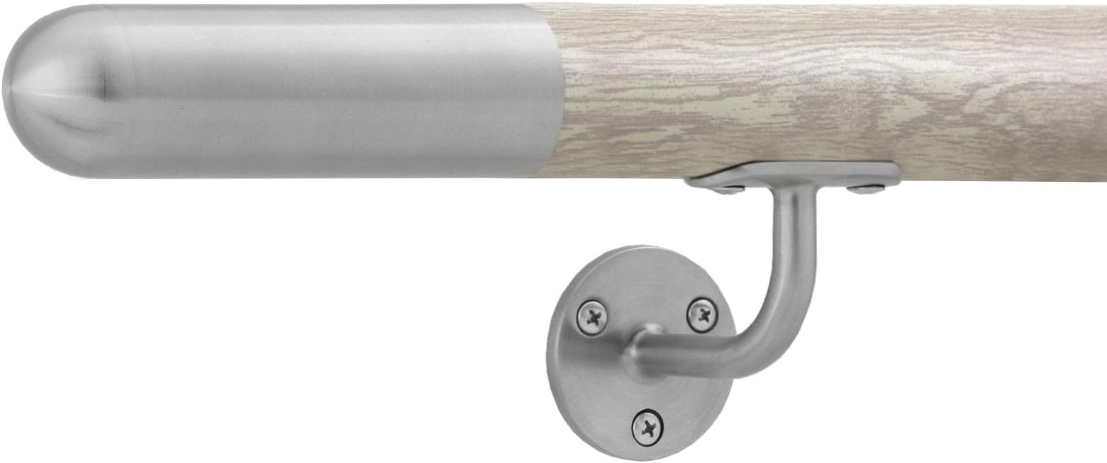 Handrail Stainless Steel White Wood Staircase Bannister Balustrade Hand-Rail Domed Ends (225cm)