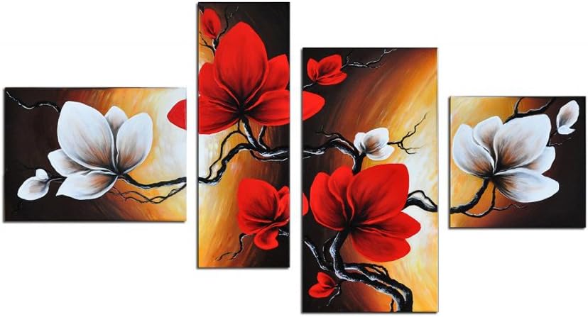 Paintings - Noah Art-Hand Painted Canvas Wall Art Flowers, Spring Bloom Tulip Modern Flower Paintings, 4 Panel Stretched Red Flower Pictures Wall Decor for Bedroom