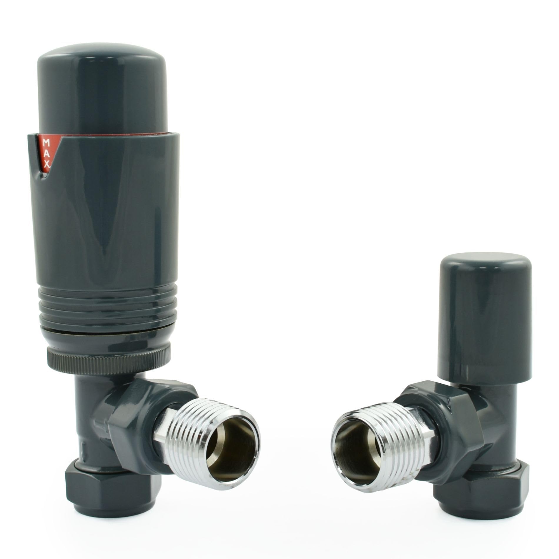 Hot Flow All-Anthracite Estuary Angled TRV Thermostatic Radiator Valve (Pair) Includes Angled TRV Body, Wheel Head & Lock Shield for Quick & Easy Temperature Control. Perfect for Energy Saving.