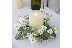 RSACCSKY 2 Pcs Candle Rings Wreaths,Artificial Daisy Flowers with Green Leaves Flower Candle Rings Candleholders Garland for Pillar Centerpiece Party Table Decor,3inch Center Diameter (White)