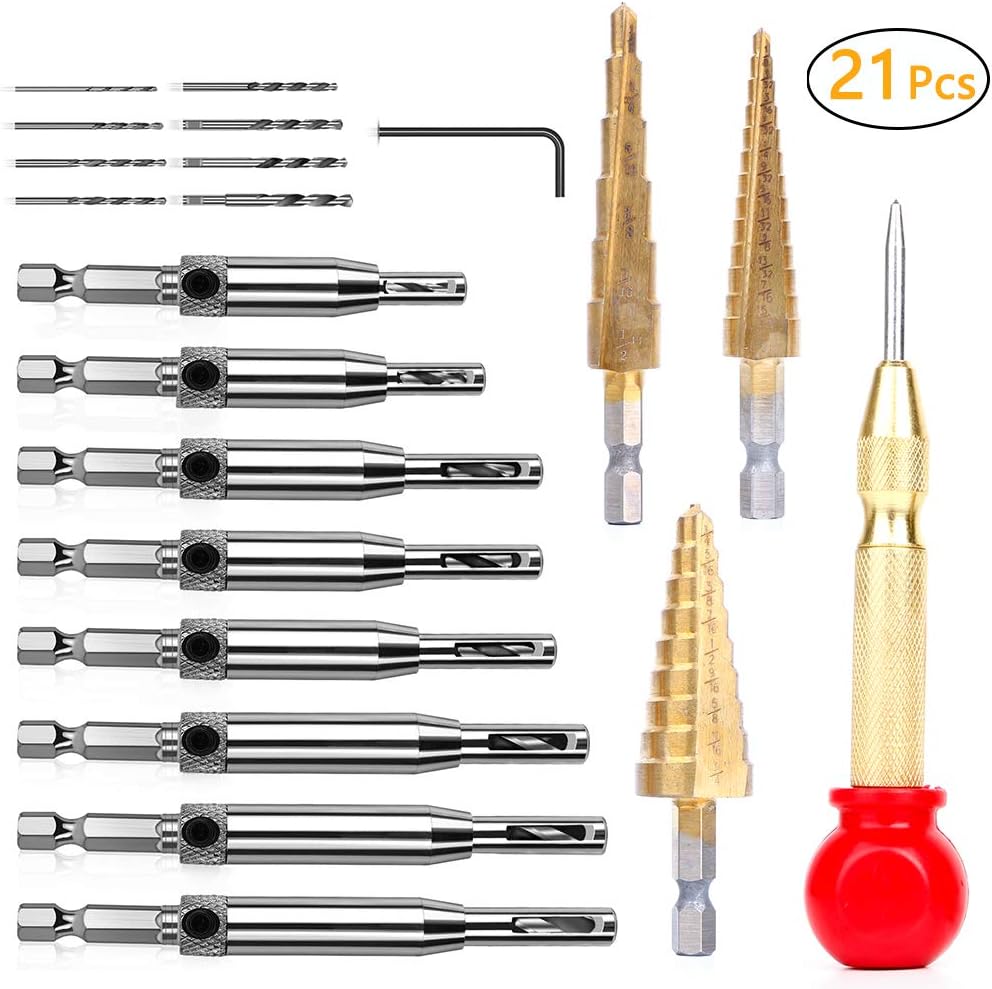 13pcs Woodworking Drilling Tool, Includes 8pcs HSS Self Centering Drill Bit Brax Hardware Self Center Drill Bit, 3pcs Titanium Step Drill Bits, Automatic Center Punch, for Wood Door Pilot Hole Hinge
