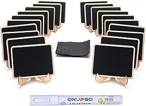 ONUPGO 20 Pack Mini Chalkboards Signs with 1 Liquid Chalk Marker, Small Wooden Chalkboard Labels with Support Easels, Place Cards Food Signs Blackboards for Table Numbers, Weddings, Party Decoration
