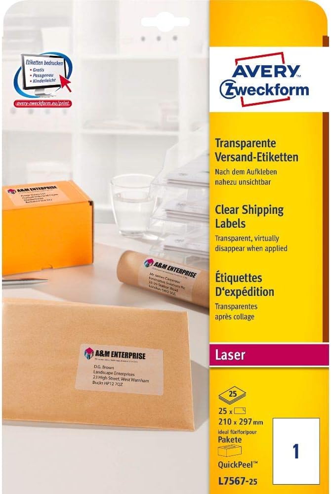 AVERY Zweckform 25 Sheets 210 x 297 mm A4 Printable Self-Adhesive Shipping Labels for Parcels Parcels and Tubes L7567-25