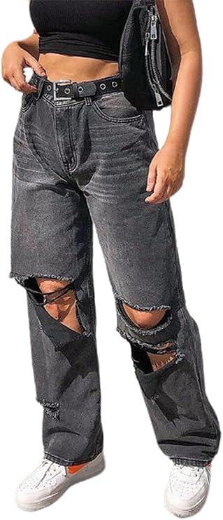 Damen Jeans Mit Weitem Bein | Baggy Y2K Style Mit Skelett-Druck | Hohe Taille Aus Denim