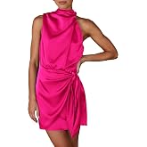 PRETTYGARDEN Women's Formal Short Satin Cocktail Dress | Sleeveless Mock Neck, Tie Waist, Asymmetrical Ruched, Elegant Silk, Birthday Party, Wedding Guest Evening, Summer Outfits
