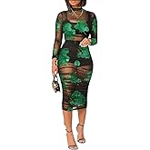 Women Sexy See Through Sheer Mesh Bodycon Midi Dress Long Sleeve Shorts 3 Piece Outfits Set Floral Print Cover Up