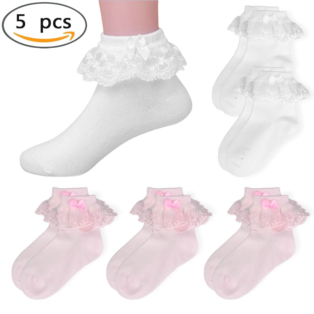 5Paires Chaussettes Princesse Fille Dentelle Lace Fantaisie en Coton Taille Unique 3Paires Rose + 2Paires Blanche