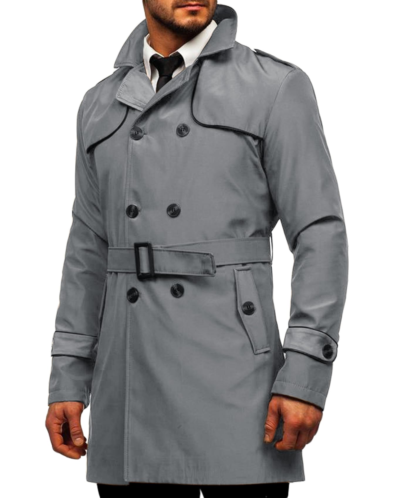 Makkrom Gabardina para hombre, corte entallado, doble botonadura, solapa con muescas, cinturón, cortavientos, chaqueta larga, abrigo informal a prueba de viento