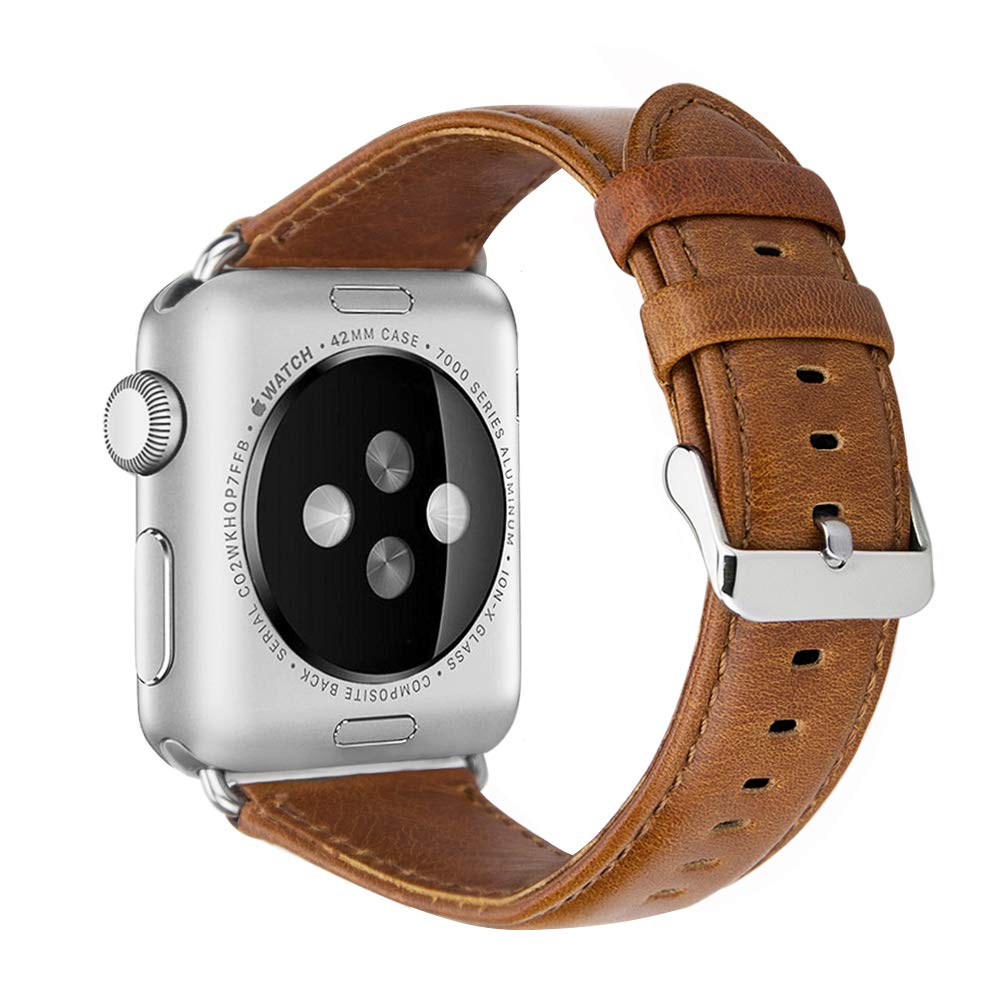 Apple Watch Leather Band, 42mm Vintage Apple Watch Series 3 Band Genuine Leather Replacement Band with Classic Stainless Steel Buckle for All 42mm Apple Watch Series 1 & Series 2 (42mm Brown)